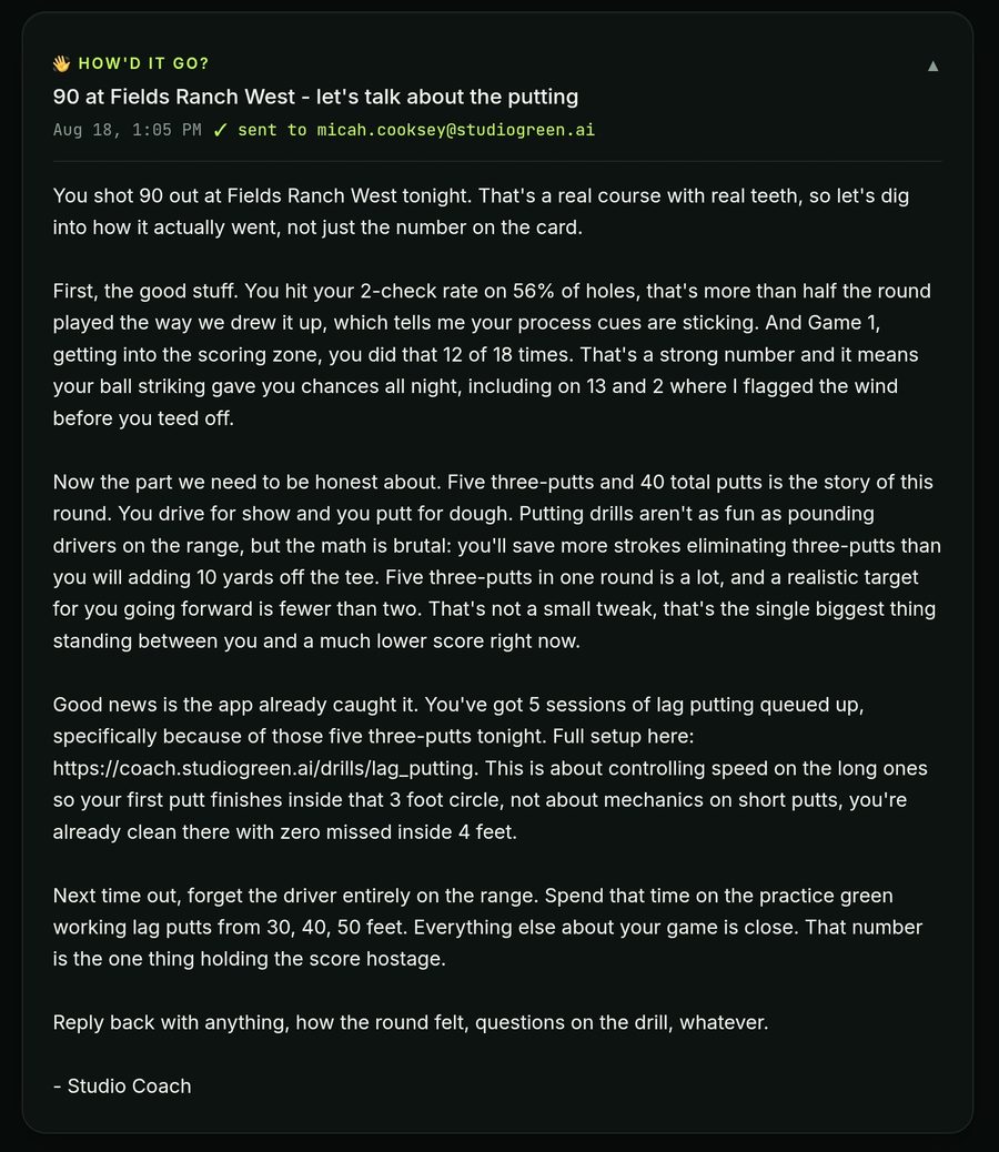 The caddy honest post-round email
